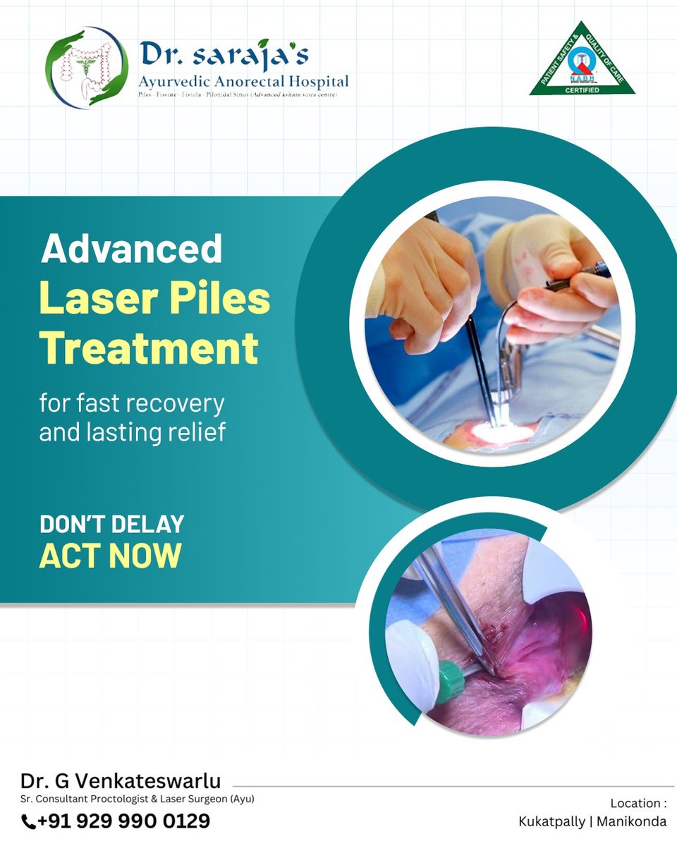 DrSarajas's tweet image. Suffering from piles pain or discomfort? Don’t ignore it!
Get relief with advanced laser piles treatment a safe, quick, and effective solution for faster recovery.

#piles #laser #healthcare #ayurveda #proctology #healthtips #painrelief #medicalcare #hyderabadhospitals