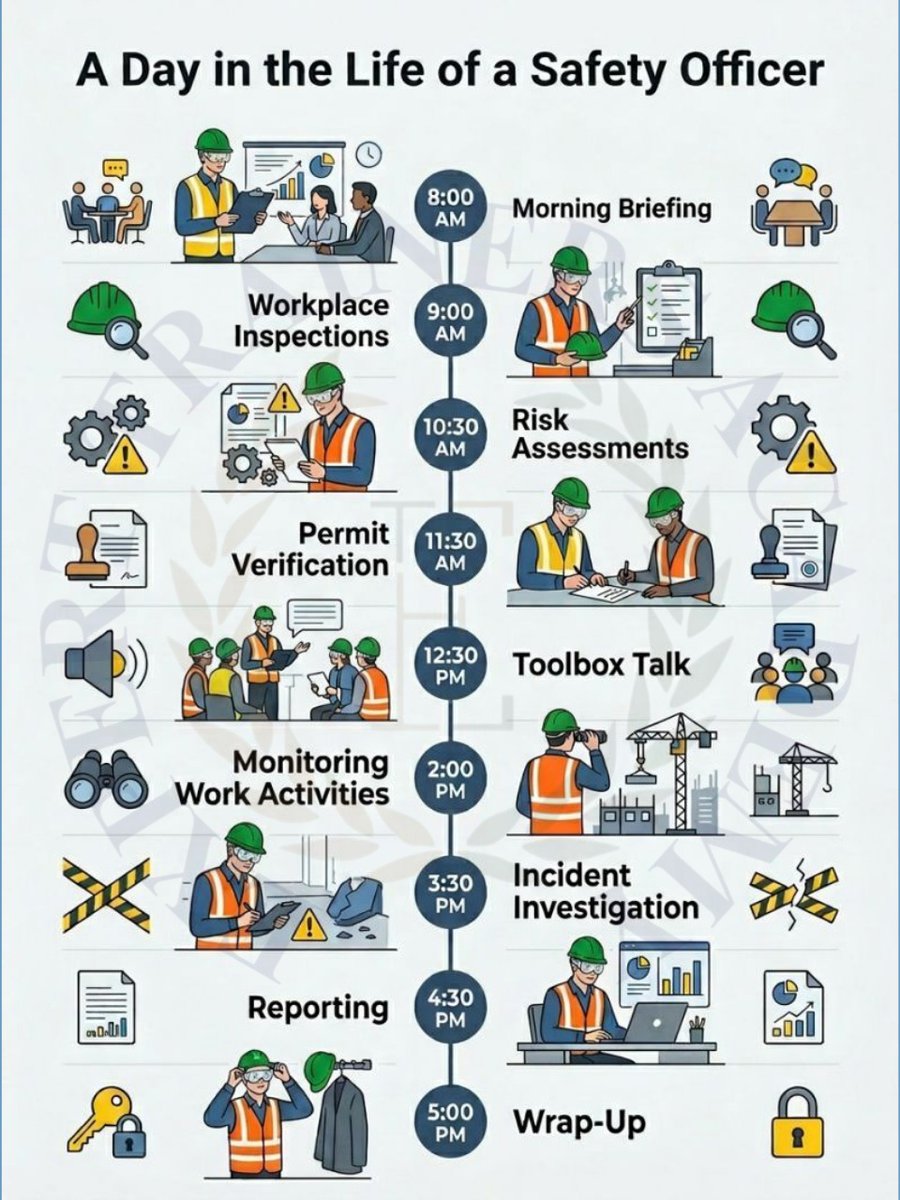 Nourahexpert778's tweet image. A Day in the Life of a Safety Officer 👷‍♂️

From morning briefings to final reports, a Safety Officer ensures a safe workplace every hour.
✔ Inspections &amp;amp; risk assessments
✔ Permit checks &amp;amp; toolbox talks
#SafetyOfficer #WorkplaceSafety #HSE #SafetyFirst #EHS #RiskAssessment