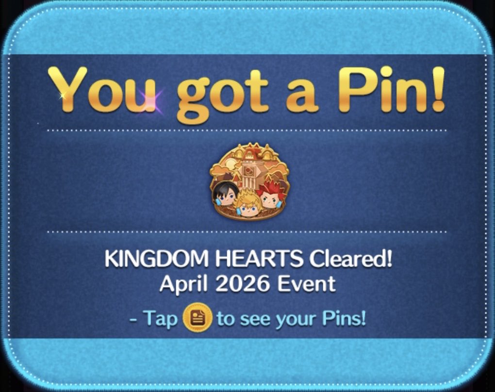 TsumSana's tweet photo. KINGDOM HEARTS Cleared!
.
.

Got the event PIN 📍 

.
.

April 2026 🪐 https://t.co/S53QeWbaOD