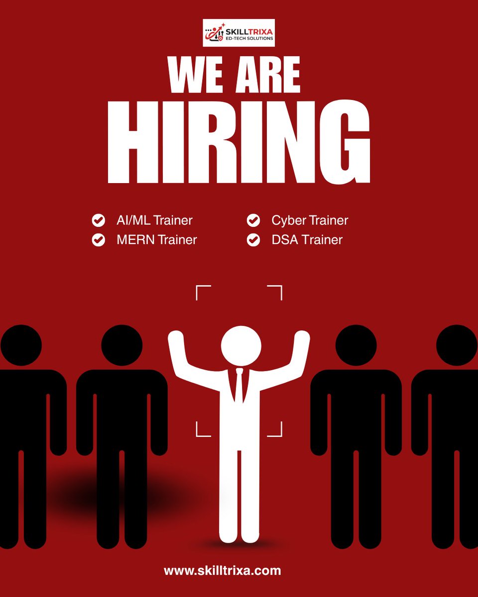Skilltrixa01's tweet photo. We’re growing fast and looking for passionate minds to grow with us 🚀
If you love teaching and shaping future tech talent, this is your chance!

👉 Join us as an AI/ML, MERN, Cyber Security, or DSA Trainer

#Hiring #WeAreHiring #TechJobs #TrainerJobs #ITJobs #AIJobs #Machine https://t.co/TKULz52GsW