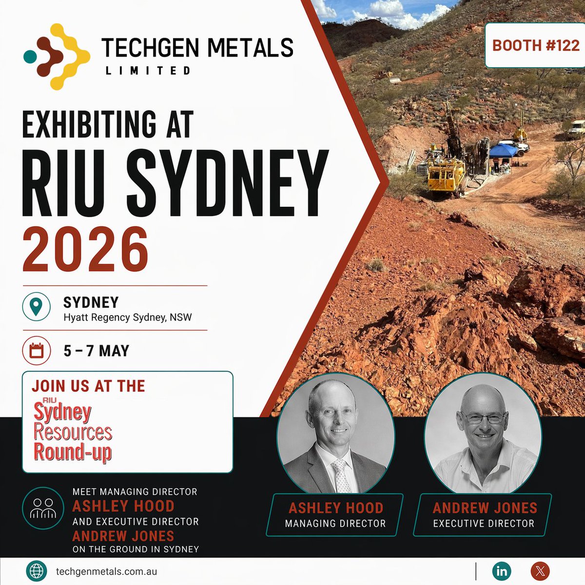 TechGenMetals's tweet photo. Techgen Metals will be exhibiting at RIU Sydney Resources Round-up, from 5-7 May. We look forward to connecting with investors and stakeholders at the event. @VEvents_RIU 

#Gold #Investment #Copper #MiningIndustry #Mining #Exploration #MiningStocks #Minerals #CopperIsEverywhere #TG1