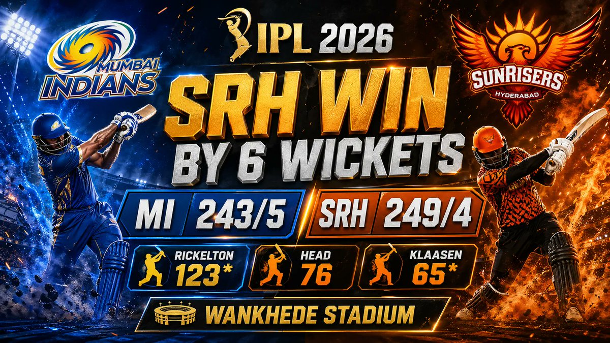 AviatorPlayGame's tweet photo. MI vs SRH Match Result
https://t.co/ZxBT43u0pf

#IPL2026 #MIvsSRH #MumbaiIndians #SunrisersHyderabad #MI #SRH #RyanRickelton #TravisHead #HeinrichKlaasen #AbhishekSharma #SalilArora #Wankhede #IPLMatchResult #Cricket #T20Cricket #IndianPremierLeague #CricketNews #IPLHighlights #MatchReview #SRHWin