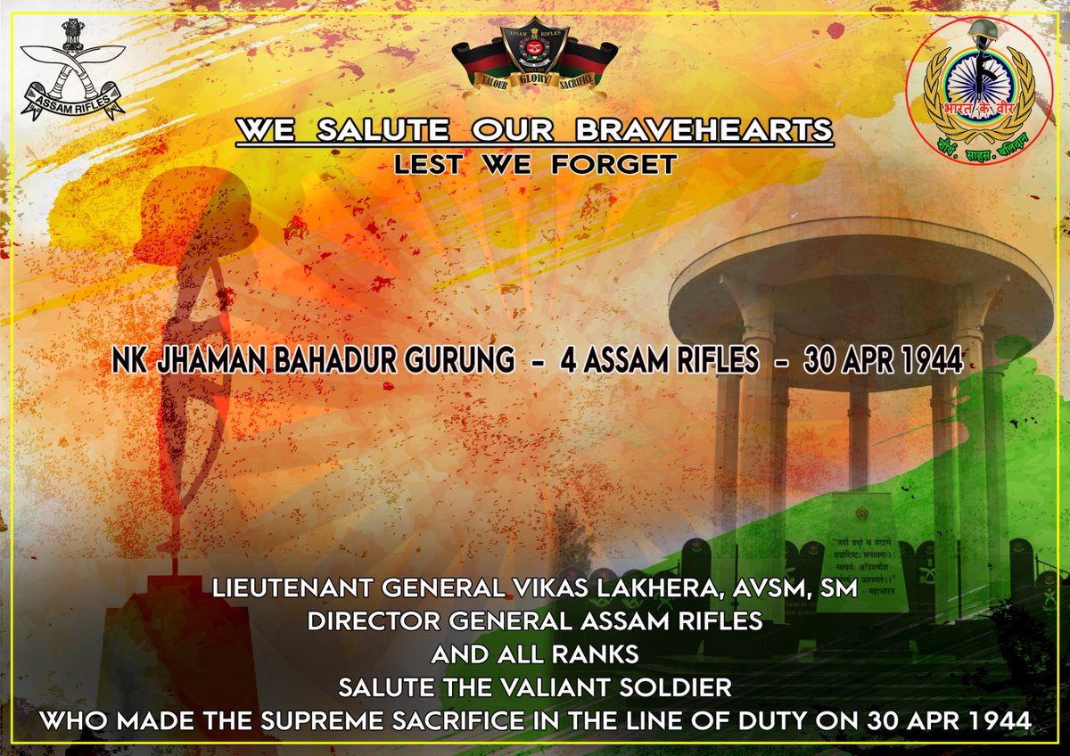 official_dgar's tweet image. Lt Gen Vikas Lakhera, AVSM, SM, Director General of #AssamRifles &amp;amp; all ranks, salute the valiant soldier who made the supreme sacrifice in the line of duty on 30 April 1944.

#SaluteToMartyrs #HonourTheFallen #RememberingOurHeroes #MartyrsOfIndia #ForeverInOurHearts