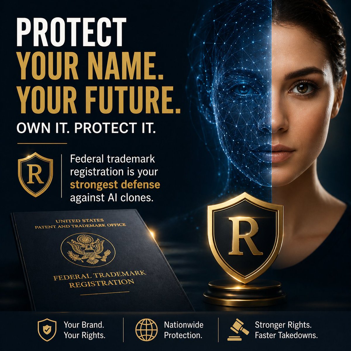 ArcticInvent's tweet photo. $350 for a federal trademark. It’s the baseline cost to protect your name from AI clones.

State laws are fragmenting—federal registration is your only nationwide shield against unauthorized digital replicas.

Full blog —
https://t.co/KdO8HlBG8h

#AILaw  #TrademarkLaw https://t.co/boSbKL4sKw