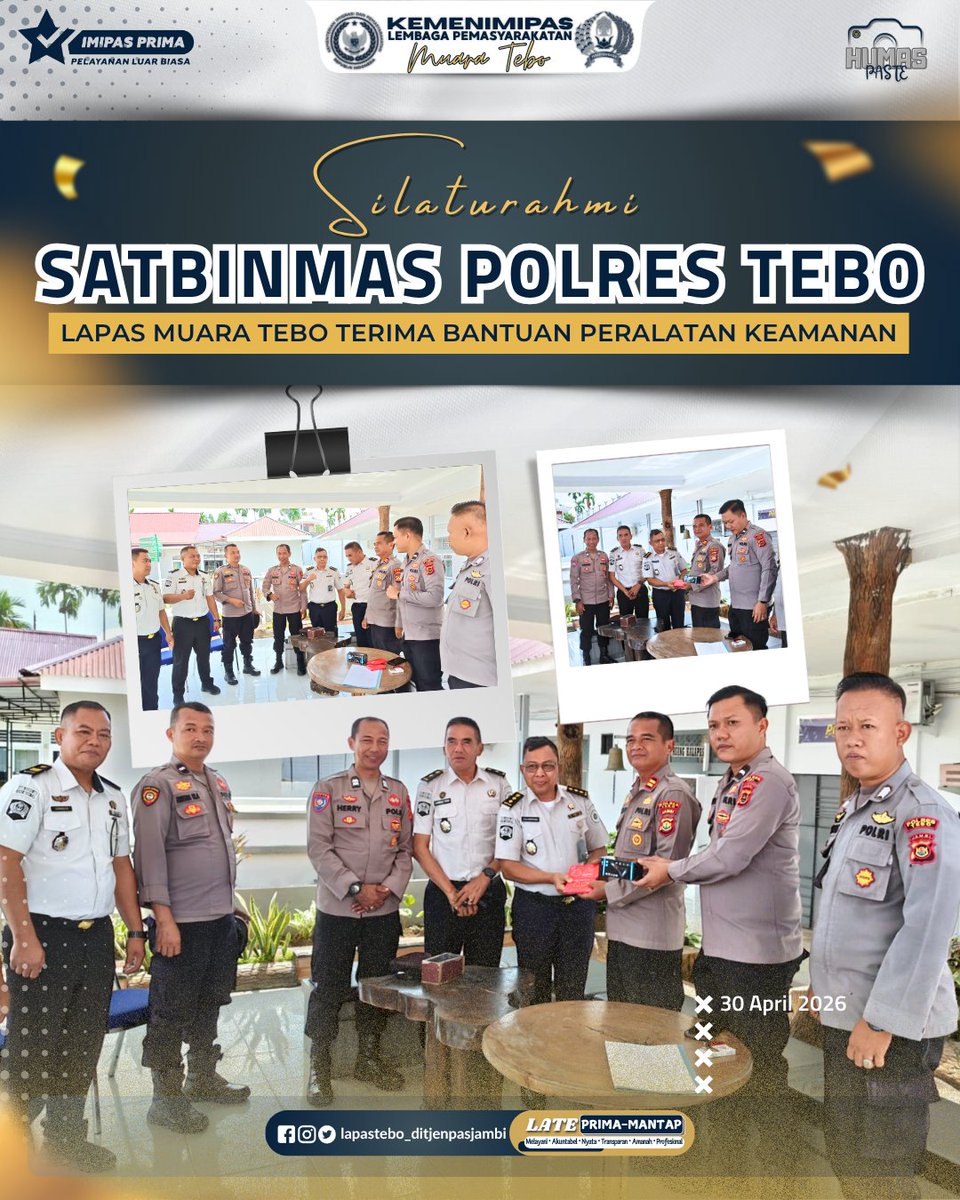 lapas_tebo's tweet image. Silaturahmi Satbinmas Polres Tebo, Lapas Muara Tebo Terima Bantuan Peralatan Keamanan
Selengkapnya di: instagram.com/p/DXvqxDwkj_h/…
#KemenimipasRI
 #Guardandguide
 #Infoimipas
 #DitjenPas
 #SetahunBerdampak
 #ImipasSetahunBergerakBerdampak
 #Pemasyarakatan
 #irwanrahmatgumilar