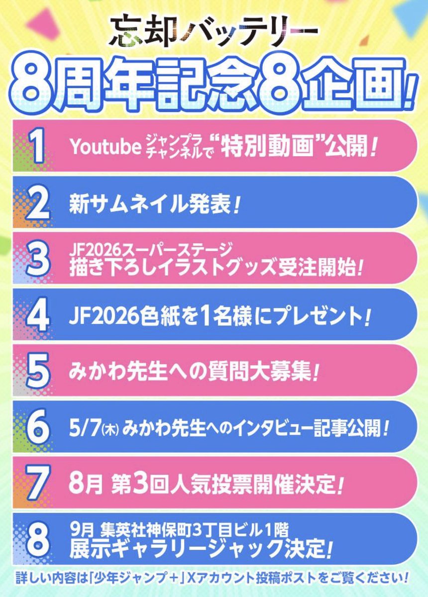 [第188話]忘却バッテリー - みかわ絵子 | 少年ジャンプ＋
[shonenjumpplus.com/episode/171074… ] 
8周年ということで８つの企画をしていただきました！私自身すごく楽しみですし、読者の皆様にも楽しんでいただければ幸いです！引き続き高嶋と共に頑張って参りますので応援よろしくお願いします🙇‍♀️