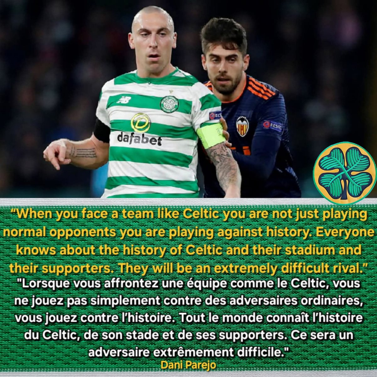 CSC_Francophone's tweet image. “When you face a team like Celtic you are not just playing normal opponents you are playing against history. Everyone knows about the history of Celtic and their stadium and their supporters. They will be an extremely difficult rival.” Daniel Parejo
#CelticFC #Celtic #COYBIG
