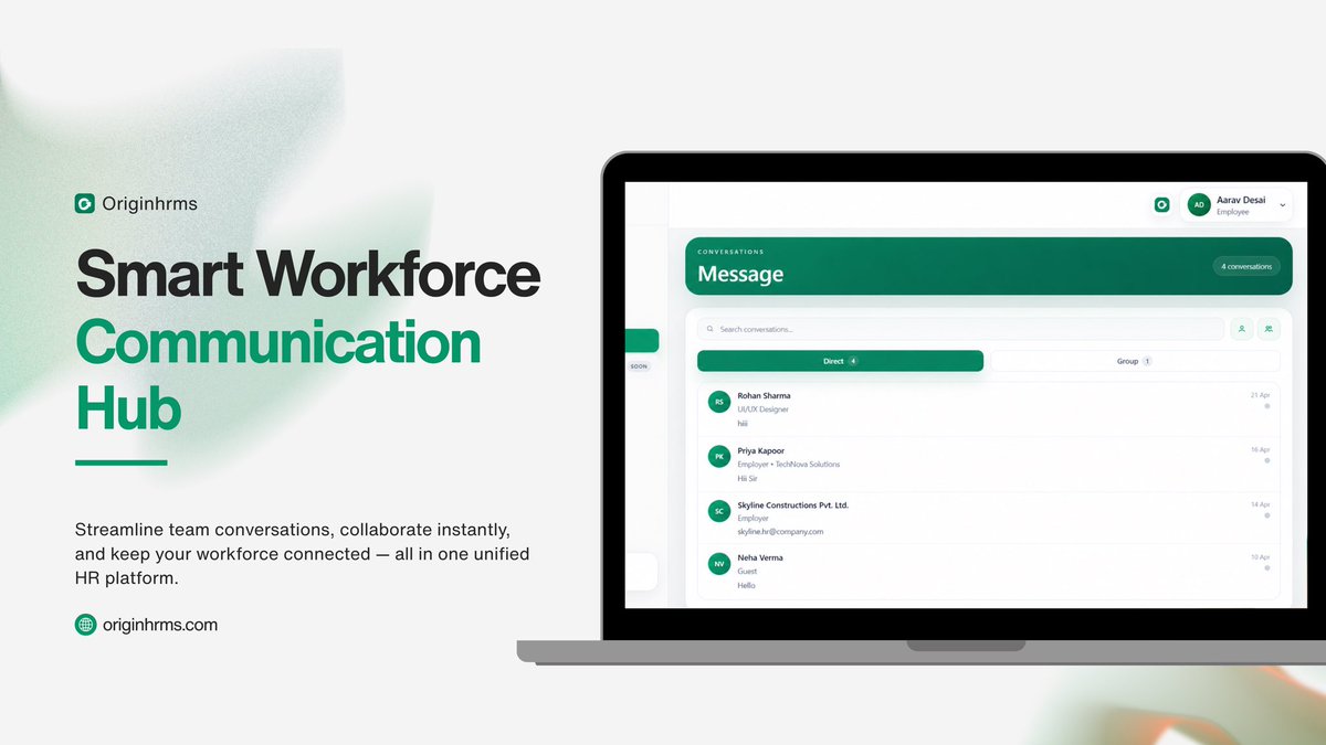 OriginHRMS's tweet image. Team communication shouldn’t be messy.  

Keep everything in one place with Origin HRMS 💬  

👉 originhrms.com  

#HRTech #Startup #Productivity