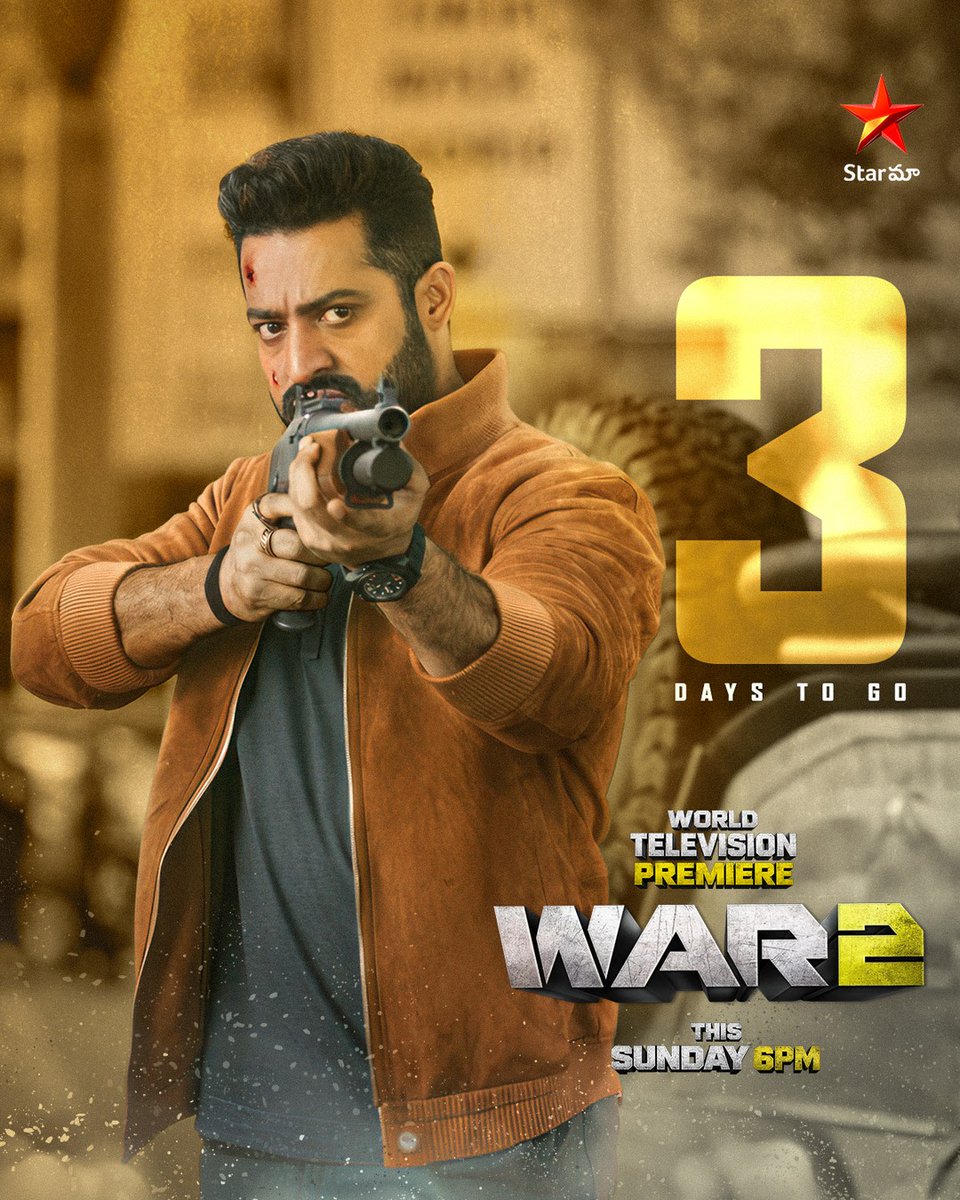 CineBuff2003's tweet image. Just 3 days left for the ultimate blast 💣

Watch World Television Premiere #WAR2, This Sunday at 6 PM only on #StarMaa

#WAR2 #Jrntr #HrithikRoshan #KiaraAdvani #WAR2OnStarMaa