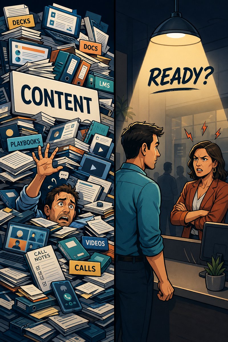 danbaror14's tweet photo. Companies don’t have a learning problem.

They have a readiness problem.

Most teams already have enough content:
docs, decks, playbooks, LMS modules, call recordings.

But leaders still can’t answer the question that matters:

Can this person perform when it counts?

Content doesn’t create readiness.