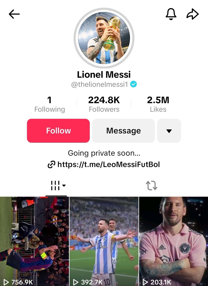 Surewins20's tweet photo. Fake Messi account got verified on tiktok. https://t.co/1qK3MsKQhW