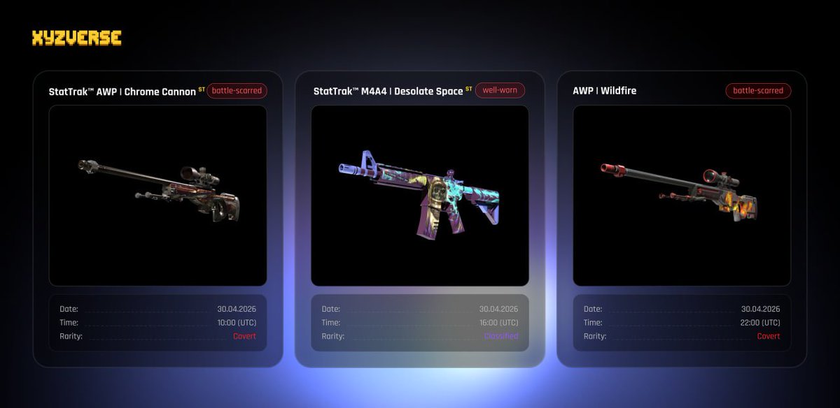 xyz_verse's tweet photo. 👑 Only for true legends! 👑

👉 StatTrak™ AWP | Chrome Cannon ST
👉 StatTrak™ M4A4 | Desolate Space ST
👉 AWP | Wildfire https://t.co/0KpGsFmibc