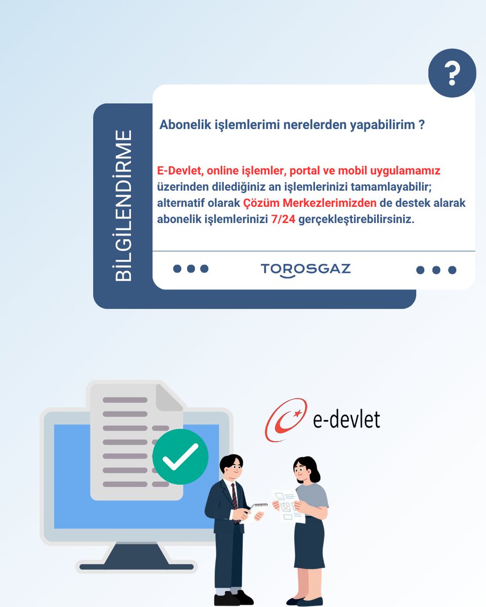Torosdogalgaz's tweet photo. Abonelik işlemlerinizi artık çok daha hızlı, kolay ve kesintisiz şekilde gerçekleştirebilirsiniz.
E-Devlet, online işlemler, portal ve mobil uygulamamız üzerinden dilediğiniz an işlemlerinizi tamamlayabilir; alternatif olarak Çözüm Merkezlerimizden de destek alabilirsiniz. https://t.co/WY0lah85Ev