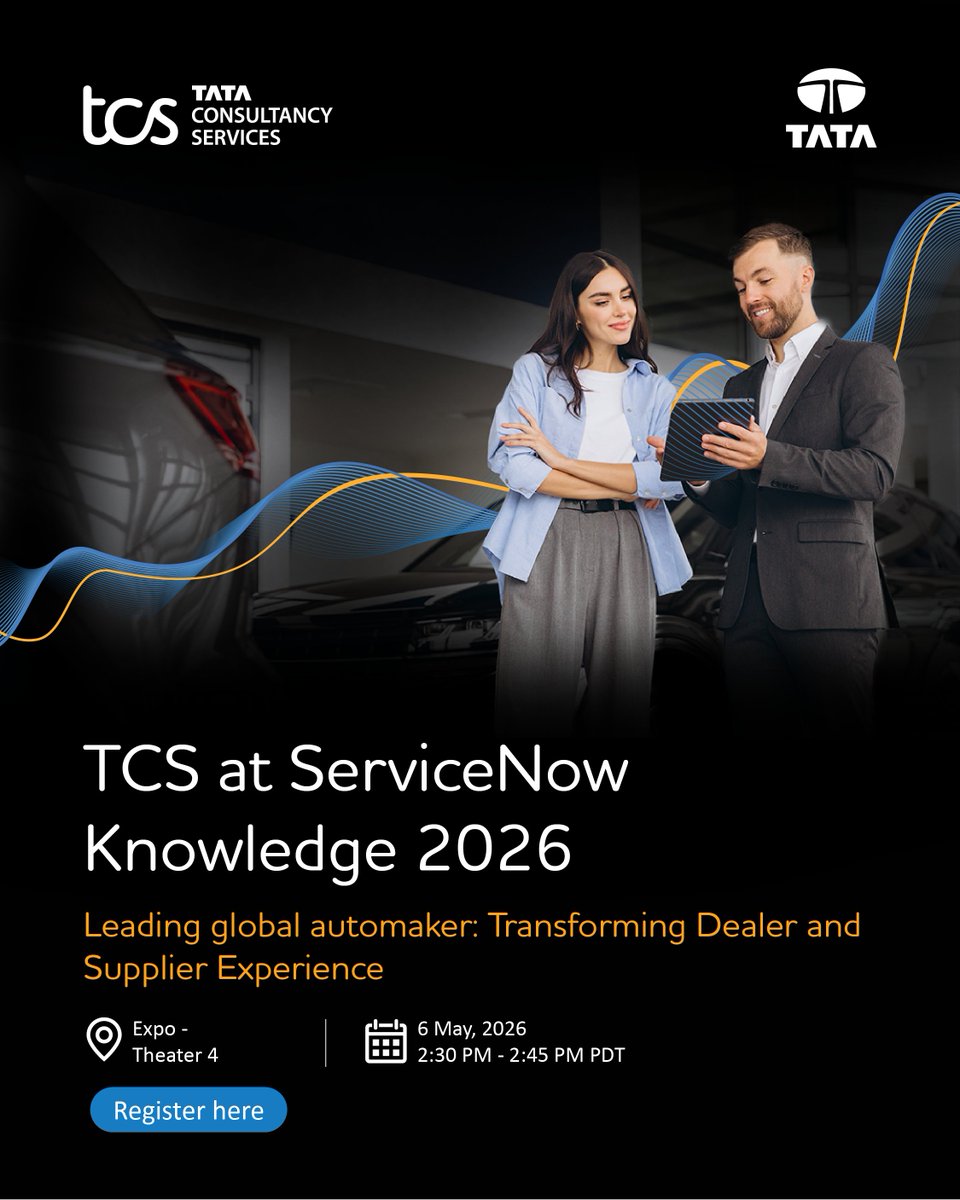 TCSDigitalTech's tweet image. Experience matters at scale.

At #Knowledge26, see how @TCS is helping a leading global automaker simplify dealer and supplier operations with ServiceNow® Industry Solutions.

Register: knowledge.servicenow.com/flow/serviceno…

@TCS_NA