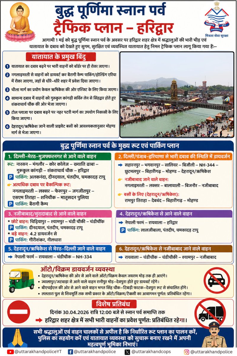 uttarakhandcops's tweet image. बुद्ध पूर्णिमा स्नान पर्व पर श्रद्धालुओं के सुगम व सुरक्षित आवागमन के दृष्टिगत हरिद्वार पुलिस द्वारा निम्न यातायात प्लान लागू किया गया है। 

कृपया इसका अनुपालन कर #UttarakhandPolice का सहयोग करें।

#TrafficAdvisory 
#BudhPurnima