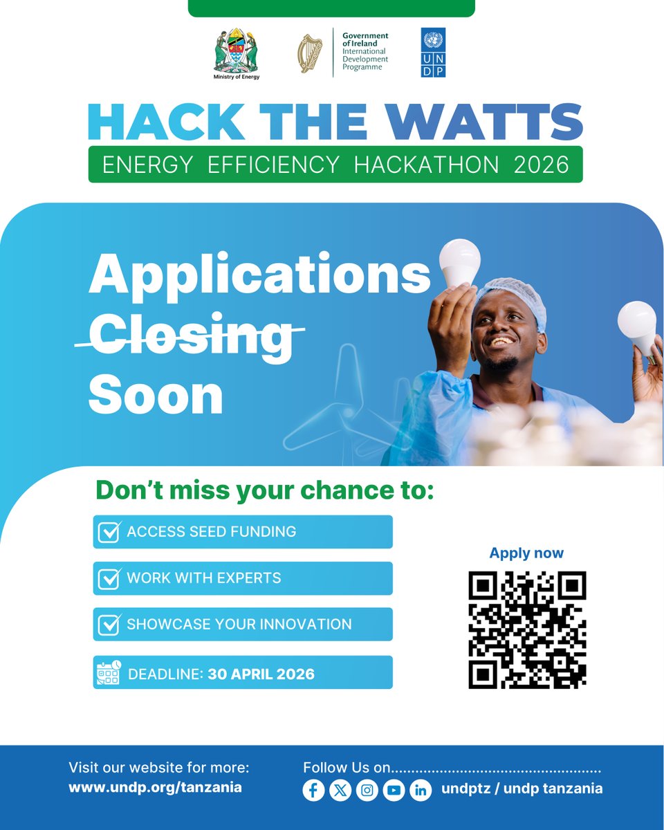 undptz's tweet image. 🔊 Applications closing soon
Don’t miss it.
🔗 Apply now: forms.office.com/e/RW2WRJCu8k

#HackTheWatts #EnergyEfficiency 
@Nishati2017
@IrlEmbTanzania
@tirdo_official