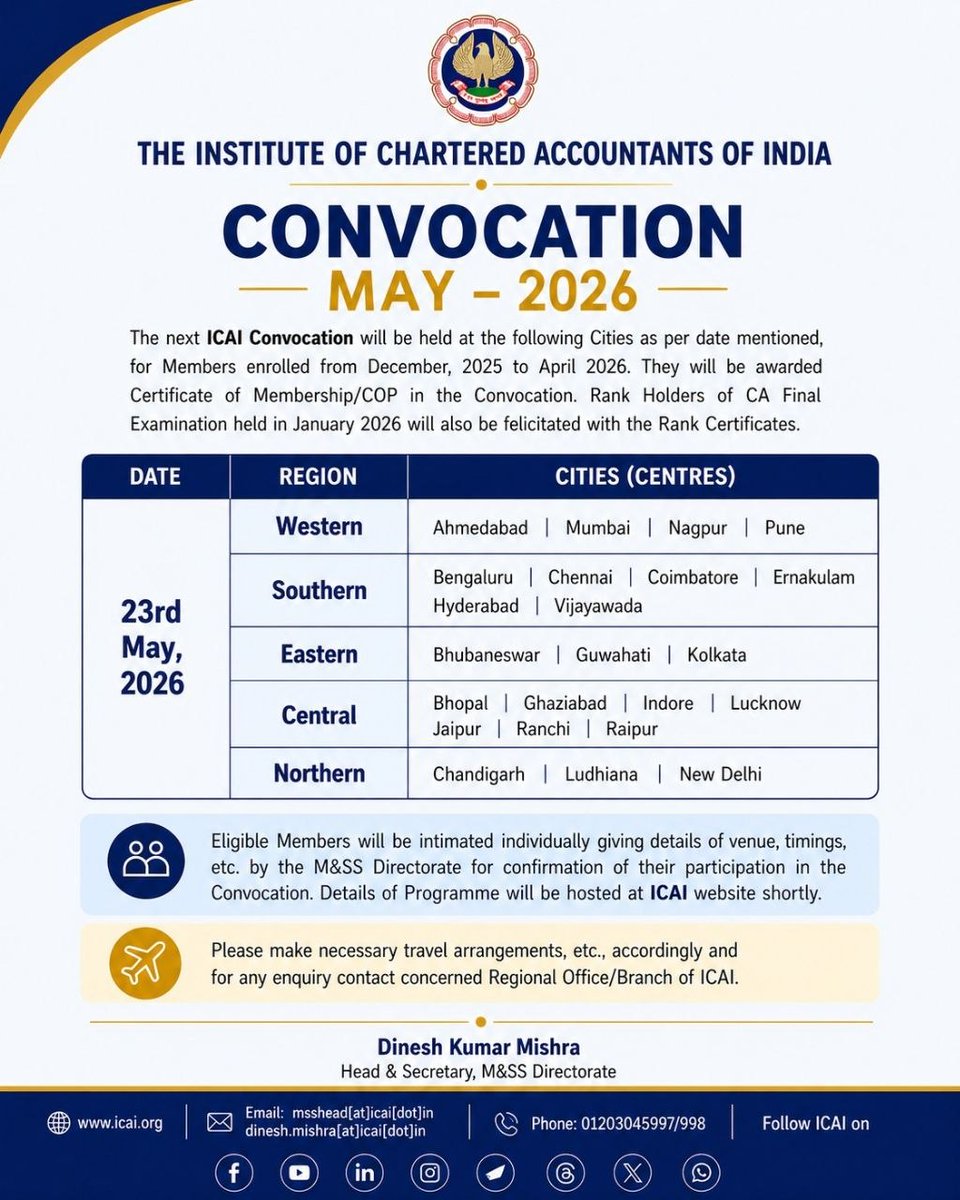 CANITINCHAWLA's tweet photo. Important Announcement:
The next ICAI Convocation will be held on 23rd May 2026 for Members enrolled during the period December 2025 to April 2026. They will be awarded Certificate of Membership/COP. Details: https://t.co/L4w4b51SMH
#CA
#ICAICONVOCATION
#CASTUDENTS https://t.co/Xo5gUdt1Wr