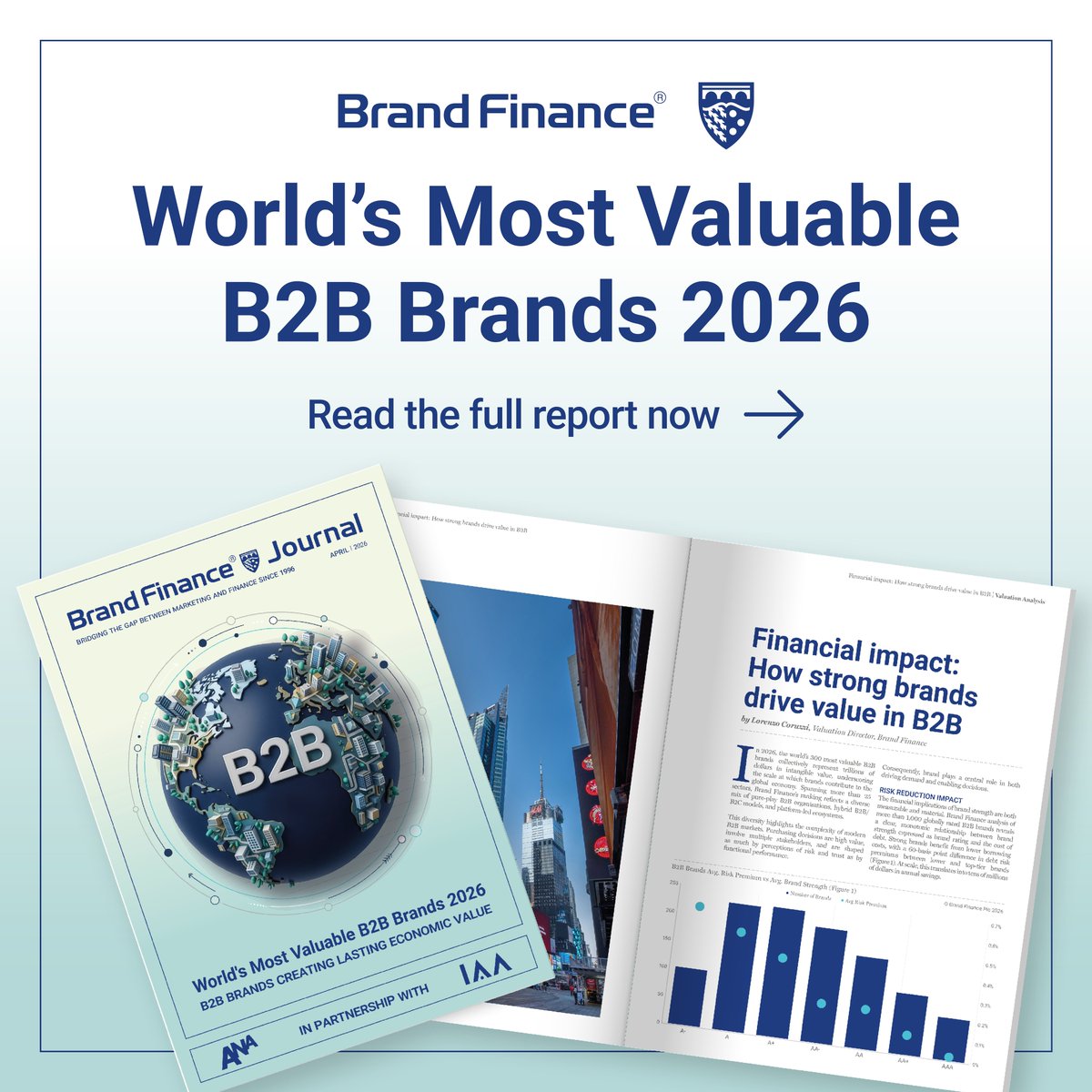 BrandFinance's tweet image. Brand Finance’s latest World’s Most Valuable B2B Brands report, produced in association with the @ANAmarketers and @IAA_Global, highlights the growing financial impact of #brand in #B2B markets.  

 Key findings from the 2026 report:  

The world’s top 300 B2B brands are worth a