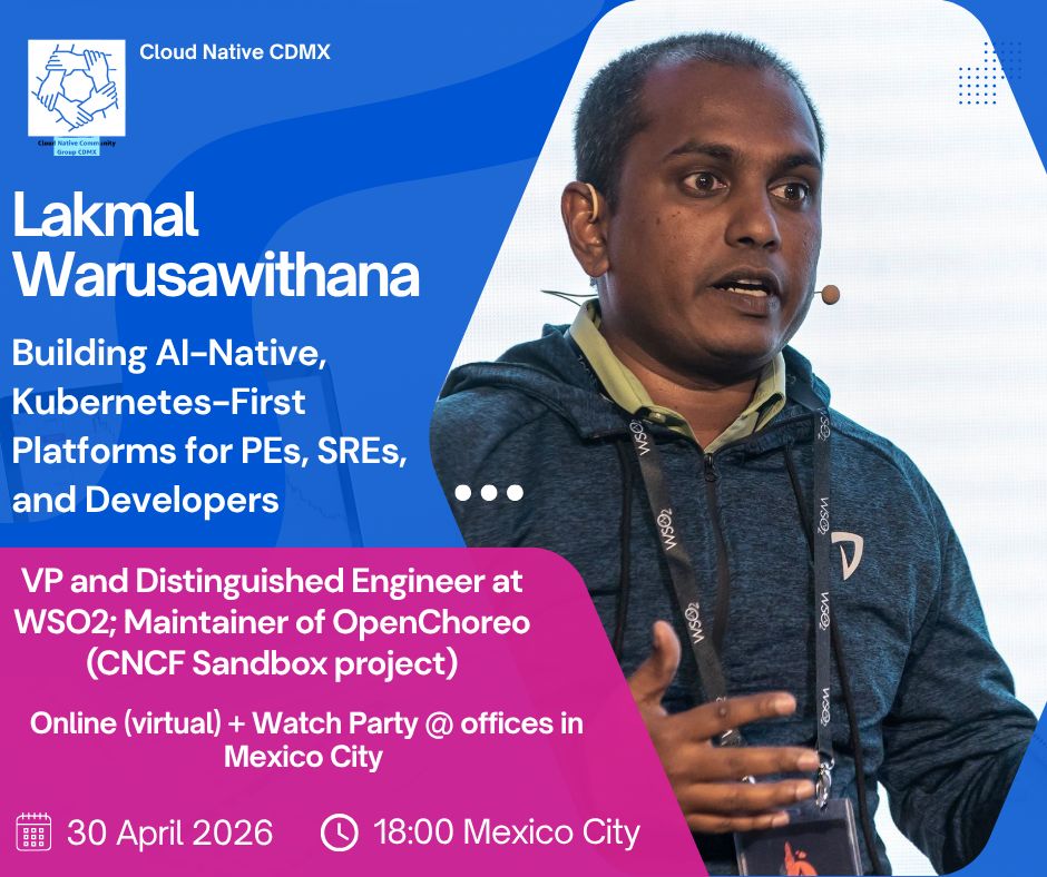 openchoreo's tweet photo. Cloud Native CDMX is hosting a live watch party where @lakwarus  will be giving a deep dive into OpenChoreo. 

He'll discuss how to streamline your platform stack for the AI era when building Kubernetes-first platforms in production.

🕕 6:00 PM Mexico City time.
📍 445 Calle Montes Urales, Ciudad de México, 11000
👉 Register: https://t.co/Cx3MIihsKq