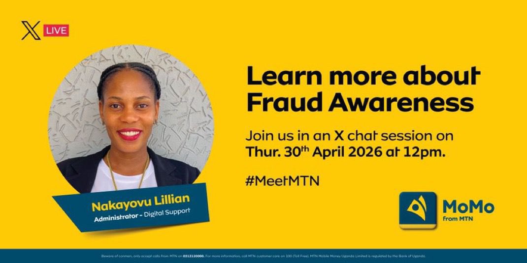 Fraud keeps evolving. Awareness should keep pace.
Join the conversation this Thursday at 12PM with Digital Support expert Nakayovu Lillian.

Set your reminder and come with your questions.
#MeetMTN