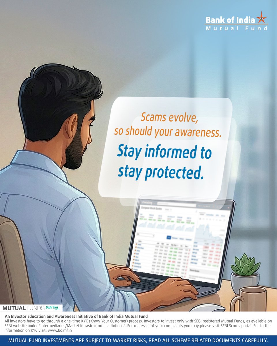 bankofindia_mf's tweet image. As investing becomes more digital, staying mindful of online security practices is important. 📲

Awareness can help reduce potential risks. 👍

#Bankofindiamutualfund #stayinformed #stayprotected #happyinvesting