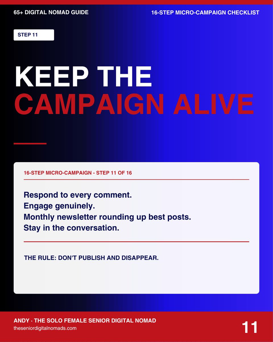 SenDigitNomads's tweet image. Step 11 of 16: Keep the campaign alive. Respond to every comment. Engage genuinely. Monthly newsletter. Do not publish and disappear. #Engagement #ContentMarketing #Engagement #ContentMarketing zurl.co/7f2nN