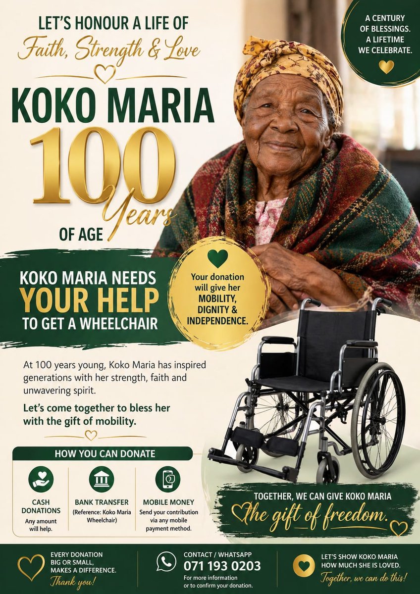 Morning team. Let's raise Funds to buy Koko Maria a Wheelchair plus walking aid. She is 100 years old and resides in Mashashane..she is unable to walk.
Dr KK Moloto practice will cover 50% of the purchase.
Anyone tht can donate frm the community is welcome . Dankie👏🏿🙏🏿