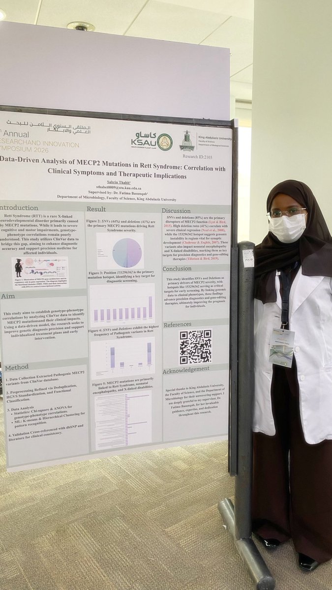 xx_sabrin7's tweet photo. سعيدة جدًا بمشاركتي في الملتقى السنوي للبحث العلمي والابتكار ✨ @KSAU_HS – جدة
قدّمت بوستر بإشراف د. فاطمة سالم باسنقاب بعنوان: Data-Driven Analysis of MECP2 Mutations in Rett Syndrome: Correlation with Clinical Symptoms and Therapeutic Implications 🧠👧🏽
كما عرضت اختراعي مرصد https://t.co/9qoTeLyoNe