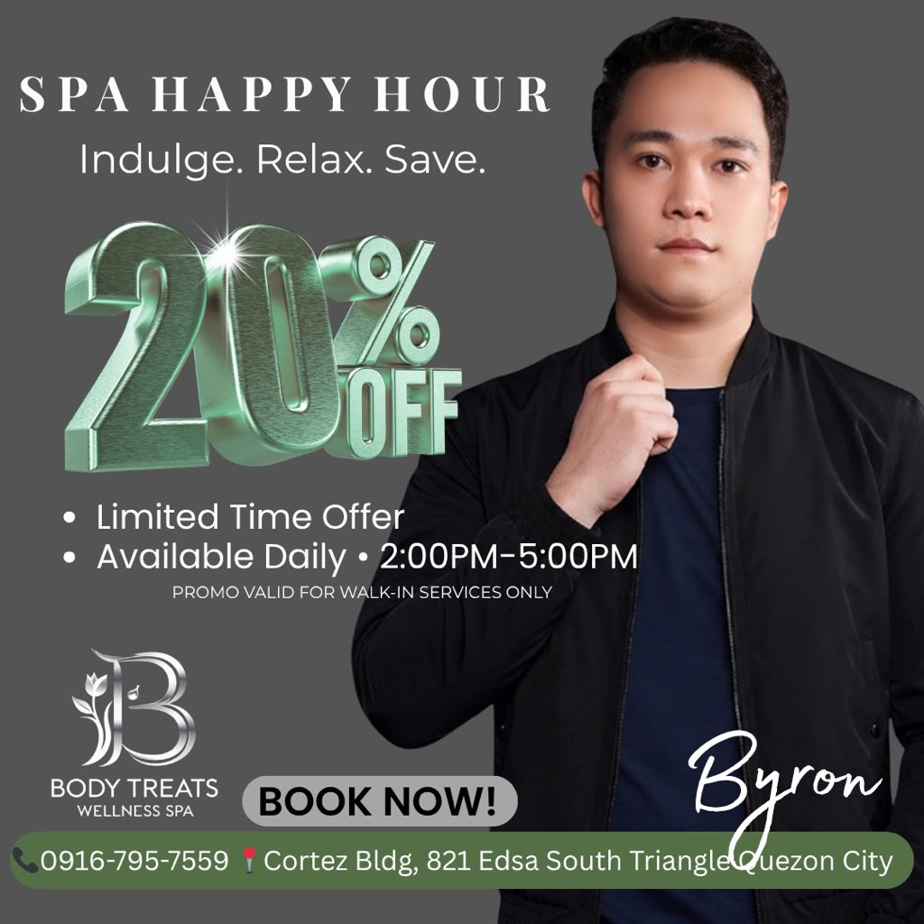 bodytreatsQC's tweet photo. Make your Thursday more rewarding ✨
Experience relaxation at a great value with our Spa Happy Hour.
💚 20% OFF on Walk-in services
🕑 2PM – 5PM
Take this time to recharge and feel your best.
#WellnessThursday #RelaxAndRecharge #SpaExperience https://t.co/qFFTsPQ1bK