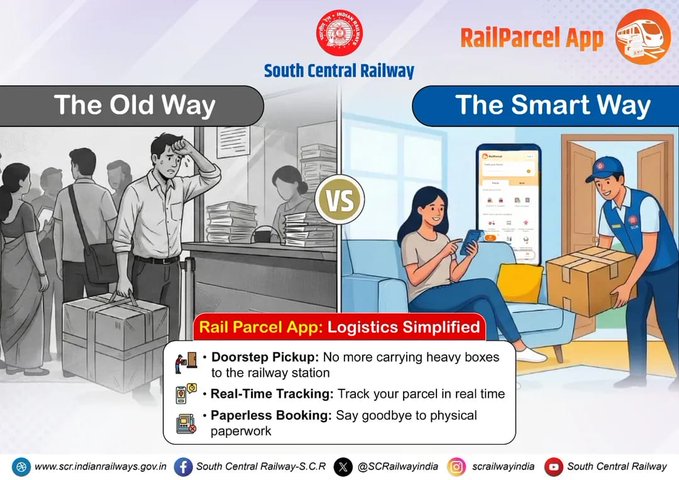 drmgnt's tweet image. 📦 From Queues to Convenience!
Switch from the old way to the smart way with the RailParcel App by South Central Railway 🚆
✔️ Doorstep Pickup
✔️ Real-Time Tracking
✔️ Paperless Booking

Simplify your parcel experience today!
#RailParcelApp #SmartLogistics #SCR #IndianRailways