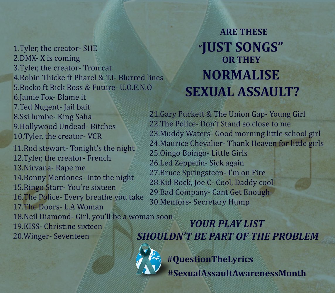 CatheyTweets's tweet photo. 30 Days. 30 Songs. Countless Conversations.
This #SexualAssaultAwarenessMonth, we came together as music lovers to do something uncomfortable but necessary: #QuestionTheLyrics https://t.co/VMgxiGuGV0