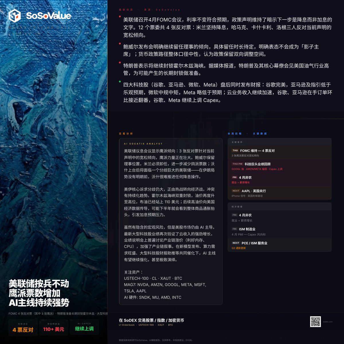 🚨 SO SOVALUE 快讯：结构性能源封锁、鹰派美联储异议与 AI 财报分化

💥 核心催化剂：长期封锁与分裂的 FOMC
特朗普转向持续的霍尔木兹封锁，已将布伦特原油推升至 110 美元以上。同时，FOMC 内部分歧加剧——三位鹰派异议者释放信号，意味着政策正在偏离鸽派路径。市场开始重新定价“更高通胀 +