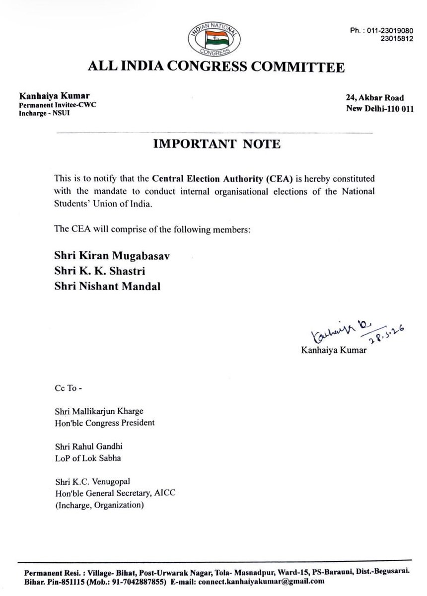 लोकतंत्र ही भारत की सबसे बड़ी ताकत है।
श्री <a href="/RahulGandhi/">Rahul Gandhi</a> जी की यह सोच रही है कि गैर-राजनीतिक व आम परिवार से आने वाले युवाओं व छात्रों को भी नेतृत्व का मौका मिले। 
NSUI संगठन में चुनाव के लिए CEA (Central Election Authority) का गठन किया जाता है।