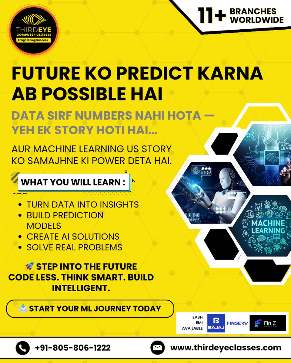 ThirdeyeClasses's tweet photo. Future ko predict karo with Machine Learning 📊🚀

Turn data into insights, build AI models &amp; solve real problems 💻

Start your ML journey with Thirdeye Computer Classes today!

#ThirdeyeComputerClasses #MachineLearning #AI #DataScience #LearnML #TechSkills #CareerGrowth https://t.co/v4QzdJpTcH