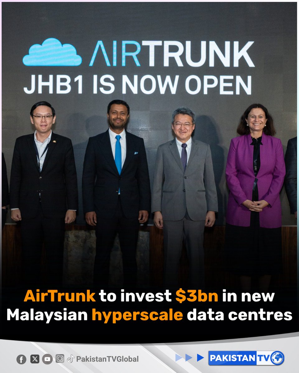 PakTVGlobal's tweet image. AirTrunk announced a $3 billion investment to build two hyperscale data centres in Johor Bahru, more than doubling its capacity in Malaysia and bringing its total investment in the country to about $6.8 billion.

#AirTrunk #DataCentres #Malaysia #TechInvestment #PakistanTV