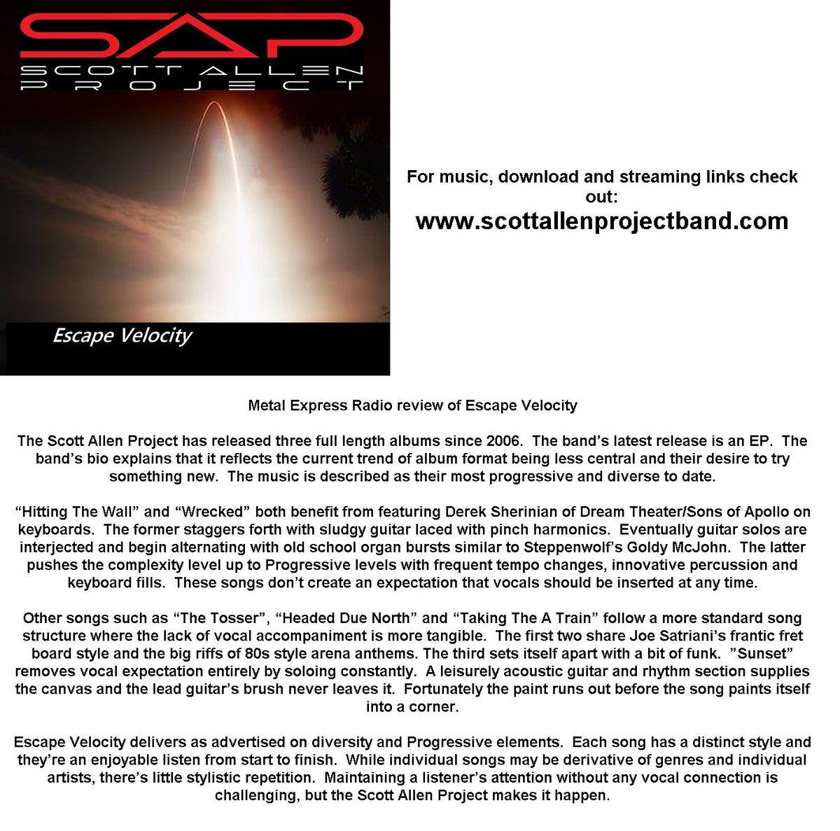 SAPshred's tweet image. Scott Allen Project's fourth release, Escape Velocity, is available wherever you get digital music! Featuring special guest Derek Sherinian on keyboards on "Hitting the Wall", "The Tosser" and "Wrecked". Check it out! #metalmusic #guitar #rockmusic