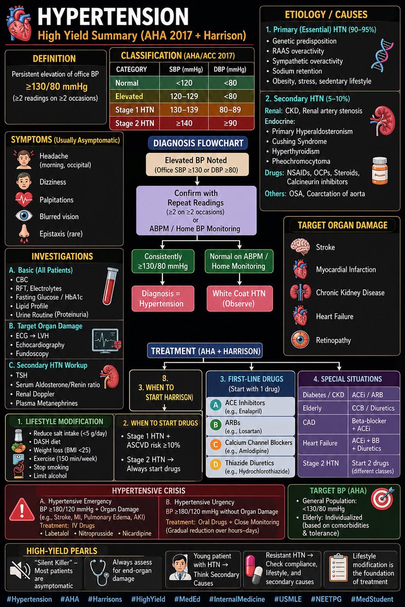 🫀 Hypertension — the silent killer you can’t ignore.

📊 Often asymptomatic → detected late  
⚠️ Leads to stroke, MI, kidney failure  
💊 Early diagnosis + lifestyle + right meds = life saved  

👉 Check BP regularly. Control today, prevent tomorrow.

#Hypertension #HighBP