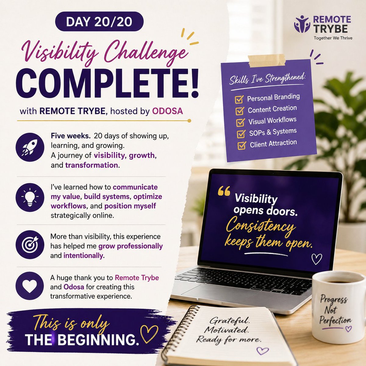 Rochell41972388's tweet photo. Day 20/20 – Visibility Challenge with @remotetrybe, hosted by @odosaabi

20 days. 5 weeks. Countless lessons.

I've grown, built, and shown up consistently. My digital presence is stronger, and this is only the beginning.

Thank you, Remote Trybe and Egharevba Odosa.

 #Day20 https://t.co/cBTbk3oaq7
