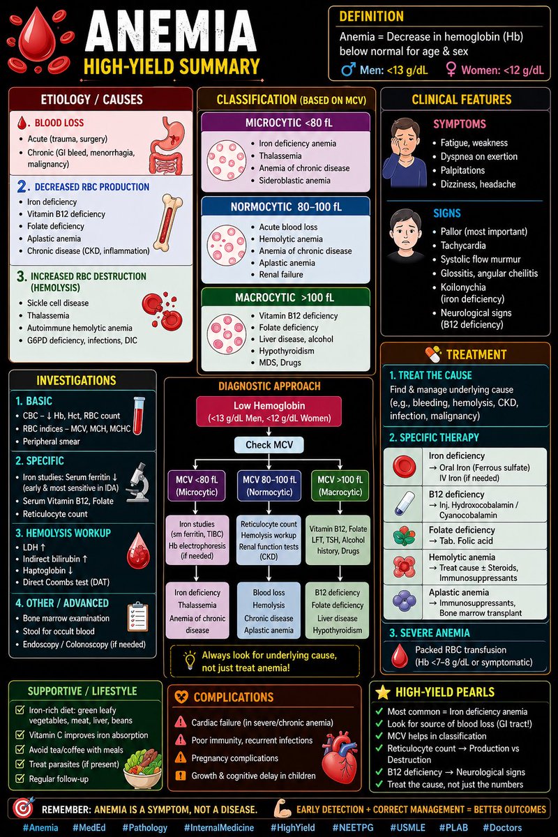 rpsingh1894's tweet image. 🩸 Anemia — don’t ignore the silent fatigue.

📉 Low Hb = low oxygen delivery  
⚠️ Look beyond numbers → find the cause  
🔍 MCV guides diagnosis (micro / normo / macro)  
💊 Treat deficiency, not just symptoms  

👉 Early detection = better outcomes

#Anemia #MedEd #Pathology