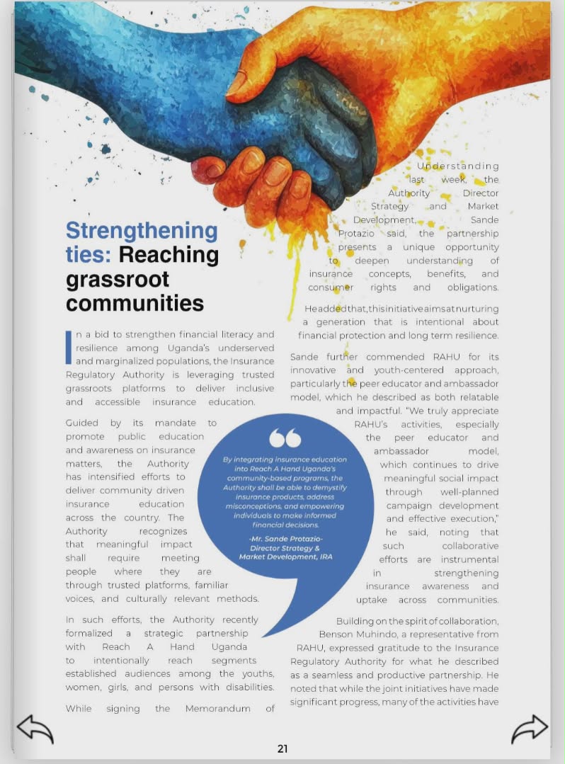 reachahand's tweet photo. We are honored to be featured in the latest newsletter of @IraUganda, highlighting our partnership and all the recent collaborations that aimed to advance insurance awareness, particularly among young people and underserved communities. 

Together with the Insurance Regulatory Authority, we are working to strengthen financial literacy, promote inclusion, and explore innovative ways to make insurance more accessible and relatable amongst young people in the communities that we serve.

For more insights, read the newsletter here; https://t.co/dCqzpArXRV #ReachAHandAfrica #RAHUAt15