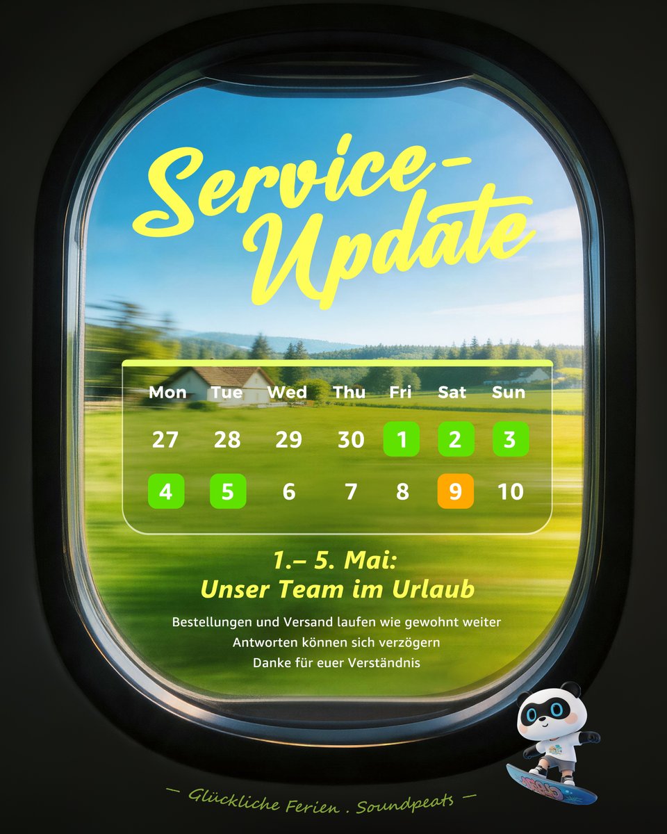 SOUNDPEATS_DACH's tweet image. 🌴 1.–5. Mai: Team im Urlaub wegen Maifeiertag.

🚚 Versand läuft normal, ⌛ Antworten ab 6. Mai wieder wie gewohnt.

❤ Danke für euer Verständnis und eure Geduld!

#SOUNDPEATS #Air6HS #ServiceUpdate #Urlaub