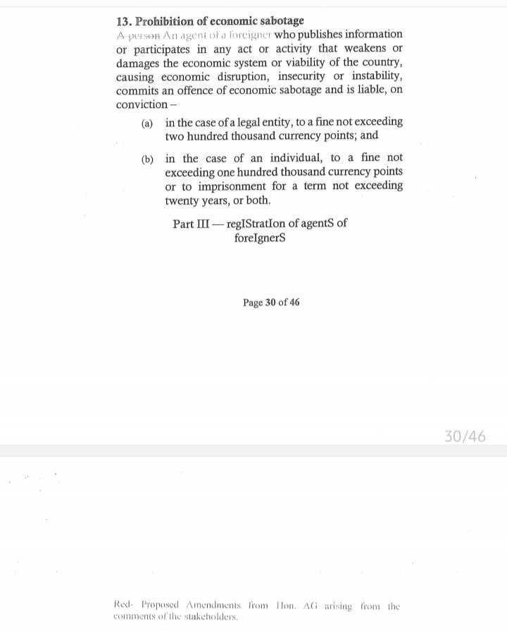 SilverKayondo's tweet photo. Govt has made a commendable attempt to refine Anti-Sovereignty Bill, but some gaps remain

1. Failure to provide timeline within which Minister should consider application of a foreign agent

2. Lack of justification for UGX 400 million cap. Why not 2bn to match medium tax payer? https://t.co/NnsroTM0Bq