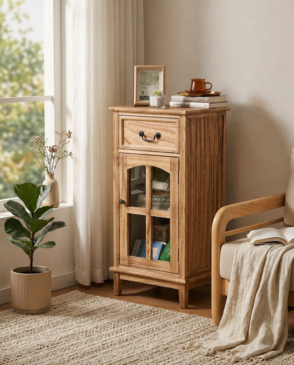 okfaycom's tweet image. Storage should feel calm, not clinical. This natural wood cabinet turns everyday clutter into a softer, warmer corner of home. 🌿

#SmallSpaceLiving #WoodFurniture #HomeStyle