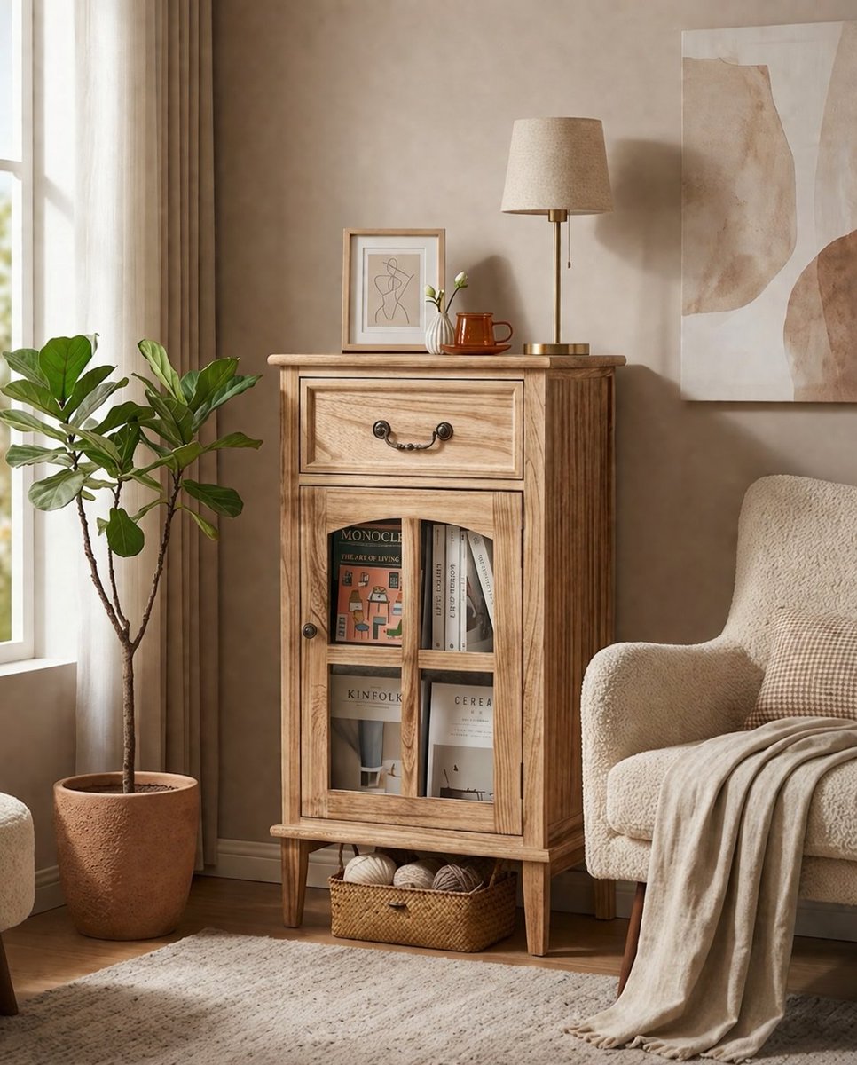 okfaycom's tweet image. Storage should feel calm, not clinical. This natural wood cabinet turns everyday clutter into a softer, warmer corner of home. 🌿

#SmallSpaceLiving #WoodFurniture #HomeStyle