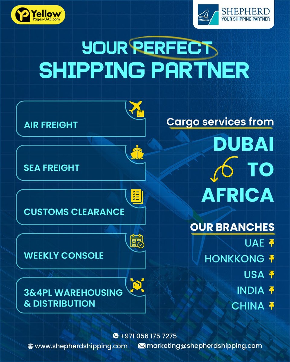 Connect with <a href="/internatio11581/">SHEPHERD INTERNATIONAL LOGISTICS</a> for seamless air freight, sea freight, customs clearance &amp; warehousing solutions from Dubai to Africa and beyond.

🌐 shepherdshipping.com

📩 Get quote - yellowpages-uae.com/uae/shepherd-i…

.

#ShepherdInternational #FreightForwarding #UAEShippingServices