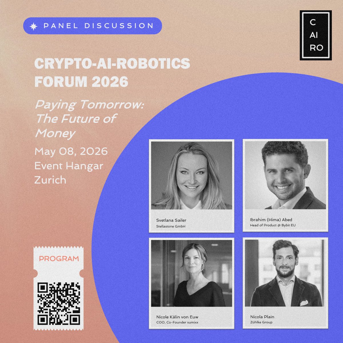 Join the #CAIROForum Svetlana Sailer moderates "Paying Tomorrow: The Future of Money" - live at Event Hangar Zürich, 🗓 May 8 11:35–12:15

Featuring: 🎙 <a href="/HimaAbed/">Hima</a> <a href="/BybitEU/">Bybit EU</a> Nicola Plain <a href="/zuehlke_group/">Zühlke Group</a> Nicole Kälin von Euw, sumixx
💸 Stablecoins - Agent payments - HTTP 402. The