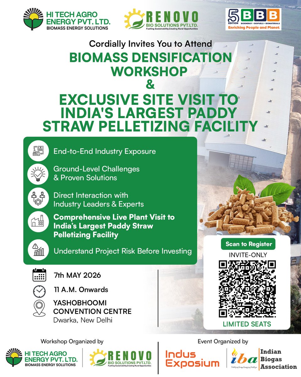 Hi_Tech_Agro's tweet photo. 𝗕𝗜𝗢𝗠𝗔𝗦𝗦 𝗗𝗘𝗡𝗦𝗜𝗙𝗜𝗖𝗔𝗧𝗜𝗢𝗡 𝗪𝗢𝗥𝗞𝗦𝗛𝗢𝗣 

Plant visit to India's largest paddy straw pelletizing plant &amp; direct interaction with industry experts

📅 7 May 2026 | 11 AM
📍 Yashobhoomi, Delhi

𝘼𝙥𝙥𝙡𝙮 𝙩𝙤 𝘼𝙩𝙩𝙚𝙣𝙙- https://t.co/T2sF9P2UiS

#HiTechAgro https://t.co/D3u8ANA4O7