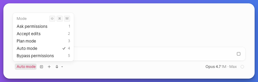 Claude Code Auto mode dropdown showing 5 permission levels: Ask permissions, Accept edits, Plan mode, Auto mode, Bypass permissions