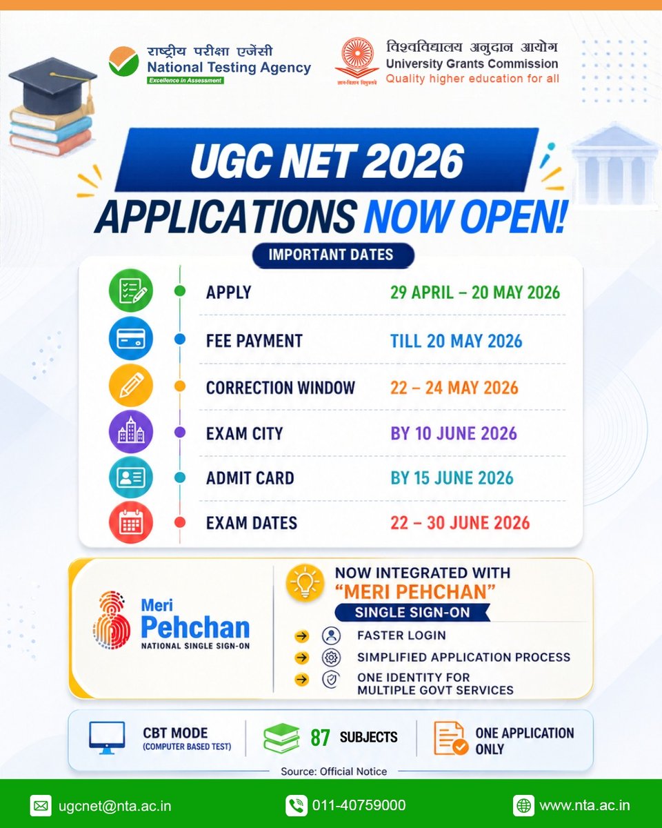 NTA_Exams's tweet image. UGC NET 2026 applications are now open.
Check all important dates and complete your application on time.
Stay updated and follow official instructions for a smooth process.

#NTA #NTAUpdate #NTAExams #UGCNET2026 #ApplyNow