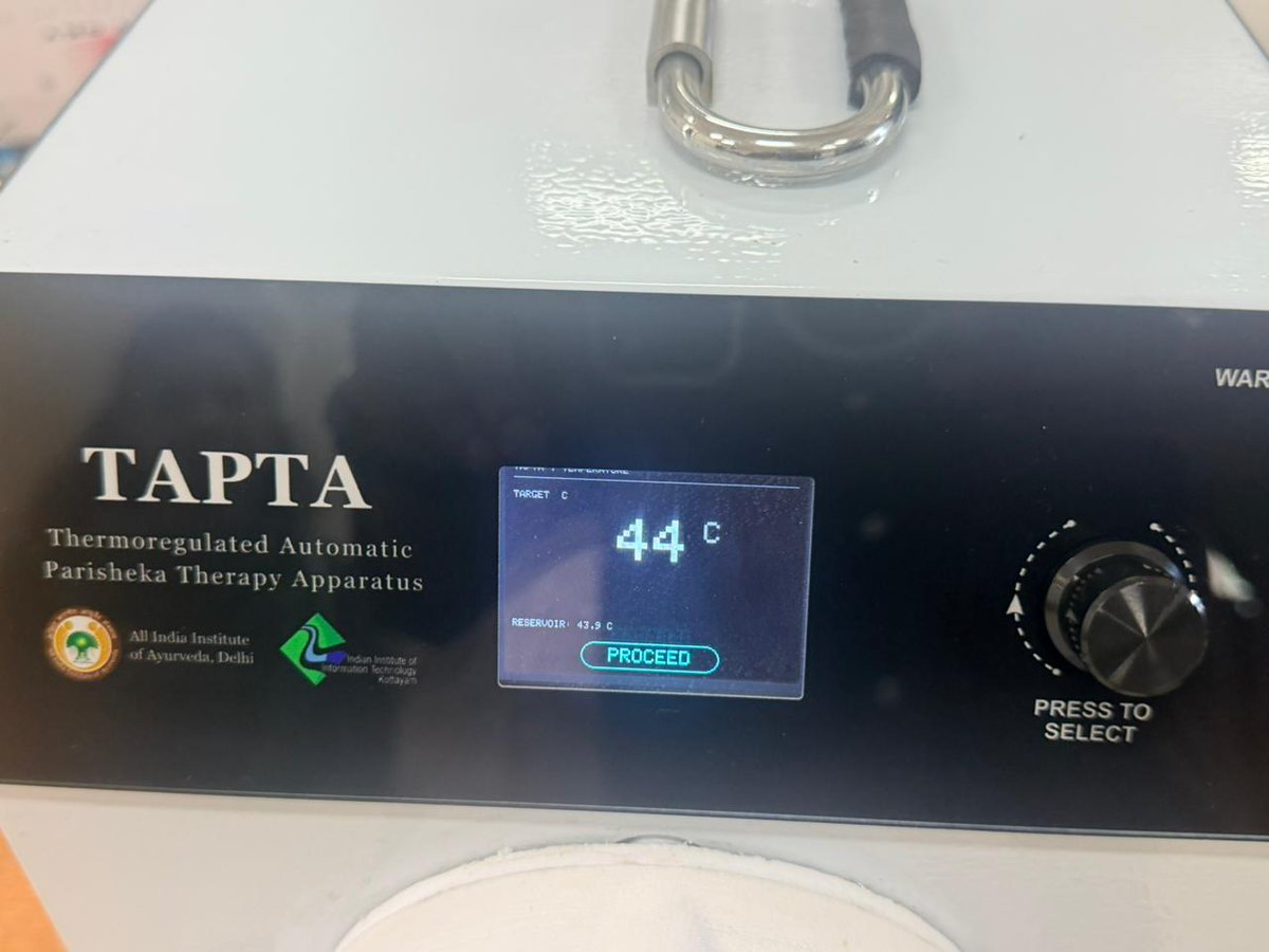 AIIA_NDelhi's tweet photo. Another proud milestone in innovation from AIIA

We are delighted to share the successful development of “TAPTA” – Thermoregulated Automated Parisheka Therapy Apparatus, an innovative advancement in Panchakarma therapy, developed in collaboration with IIIT Kottayam, kerala. https://t.co/bLWs2am2ww